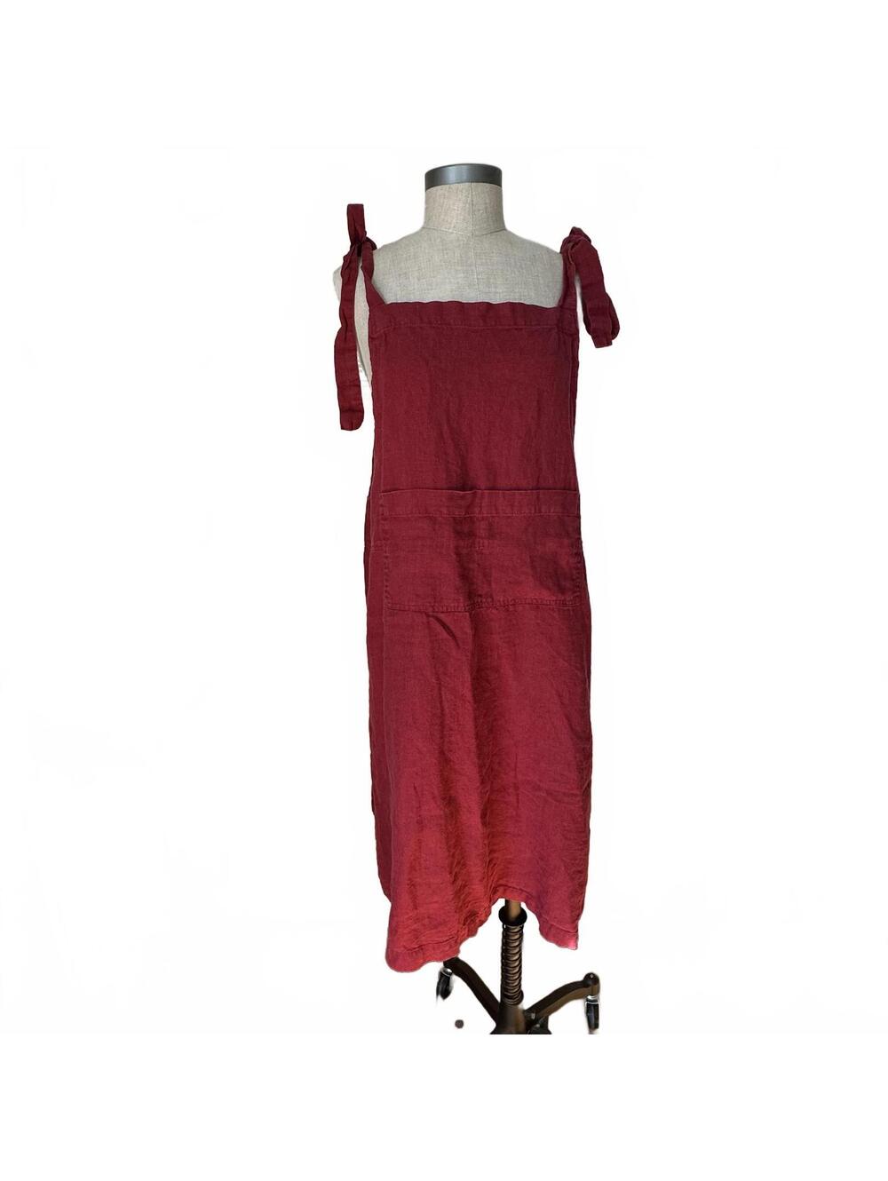 LinenFox Burgundy Linen Midi Dress with Tie Straps - S/M